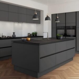 Budget contemporary kitchen with slate grey MDF cabinets, geometric details, and metal accents.