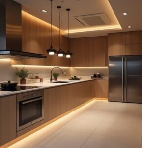 Natural luxury kitchen with warm timber cabinets, ambient lighting, and stainless steel accents.