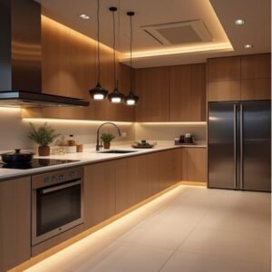 Natural luxury kitchen with warm timber cabinets, ambient lighting, and stainless steel accents.