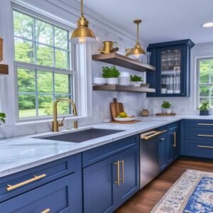 Classic elegant kitchen with navy blue cabinets brass hardware and marble countertop.