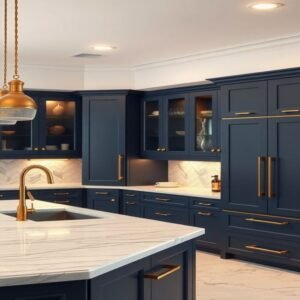 High-end luxury kitchen with deep blue cabinets gold hardware and marble island.