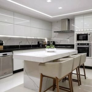 Light luxury kitchen with fiberglass glossy white cabinet set marble island and LED lighting.