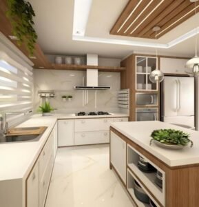 Natural luxury kitchen with wood accented white cabinets open shelving and marble backsplash.