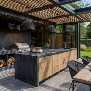 Natural luxury outdoor kitchen with wood accented dark cabinets woven lights and grill.