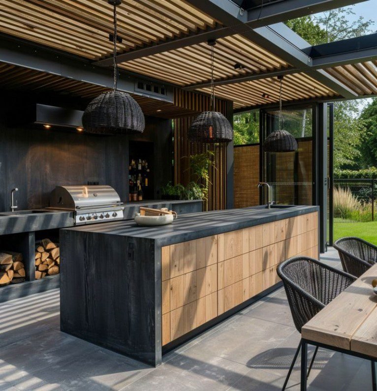 Natural luxury outdoor kitchen with wood accented dark cabinets woven lights and grill.