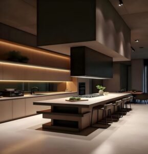 High-end luxury kitchen with floating warm brown cabinets, dark island, layered LED lighting.