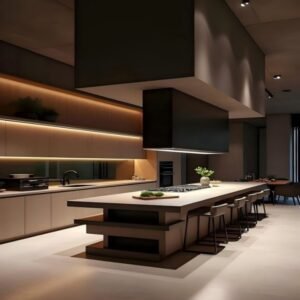 High-end luxury kitchen with floating warm brown cabinets, dark island, layered LED lighting.