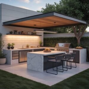 Airy outdoor kitchen with white fiberglass cabinets, marble island, wood shelving.
