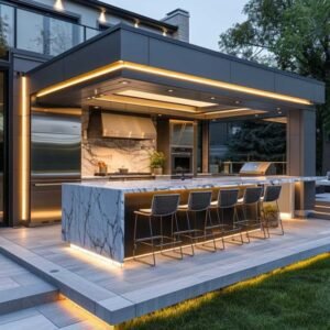 LED-lit modern outdoor kitchen with gray uPVC cabinets, marble island, wood ceiling.