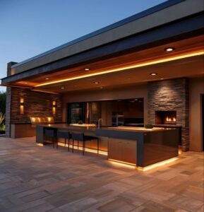 Rustic resort-style outdoor kitchen with stone & wood cabinets, fireplace, warm LEDs.