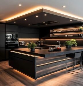 Dramatic dark glam kitchen with illuminated island, glass shelves, warm LEDs.