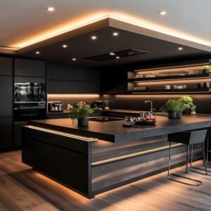 Dramatic dark glam kitchen with illuminated island, glass shelves, warm LEDs.