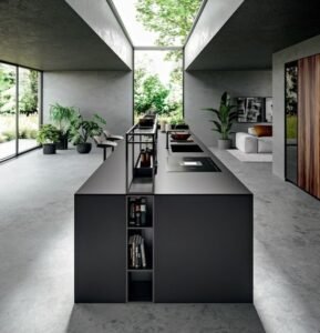 Sky-lit modern kitchen with charcoal kitchen cabinets and open shelving.