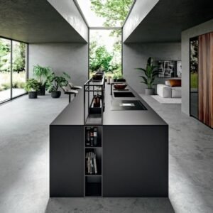 Sky-lit modern kitchen with charcoal kitchen cabinets and open shelving.