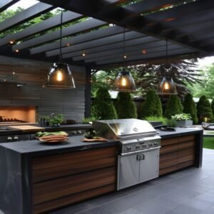 Outdoor nature kitchen with wood kitchen cabinets, stainless steel fixtures, and pendant lights.