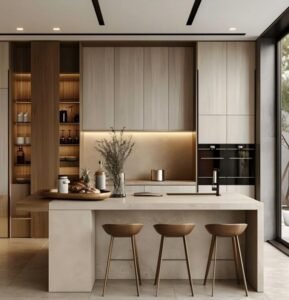 Kitchen with light solid wood kitchen cabinets and a stone-effect glass countertop.