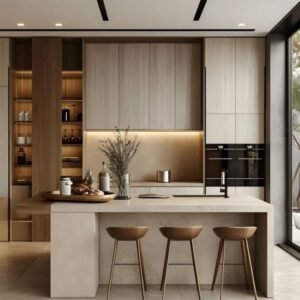 Kitchen with light solid wood kitchen cabinets and a stone-effect glass countertop.