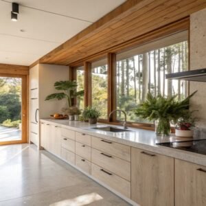 Kitchen with light solid wood kitchen cabinets and a stone-effect glass countertop, overlooking nature.