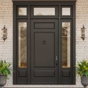 Grand traditional black paneled opening door with glass sides and transom