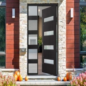 Contemporary bold black opening door with horizontal frosted glass strips