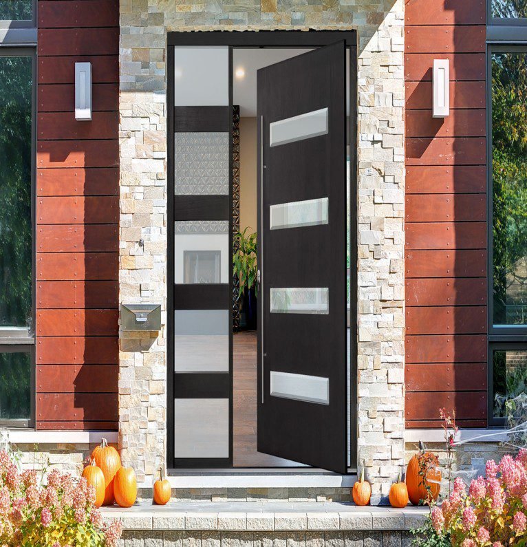 Contemporary bold black opening door with horizontal frosted glass strips