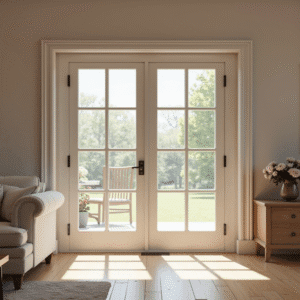 Classic farmhouse cream grid-patterned French opening doors with clear glass