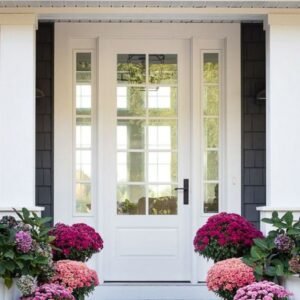 Bright coastal white grid-patterned french door with side glass panels