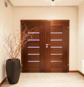 Modern warm walnut double opening doors with horizontal frosted glass strips