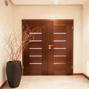 Modern warm walnut double opening doors with horizontal frosted glass strips