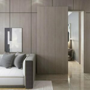 Modern minimalist light wood seamless sliding door blending with wall