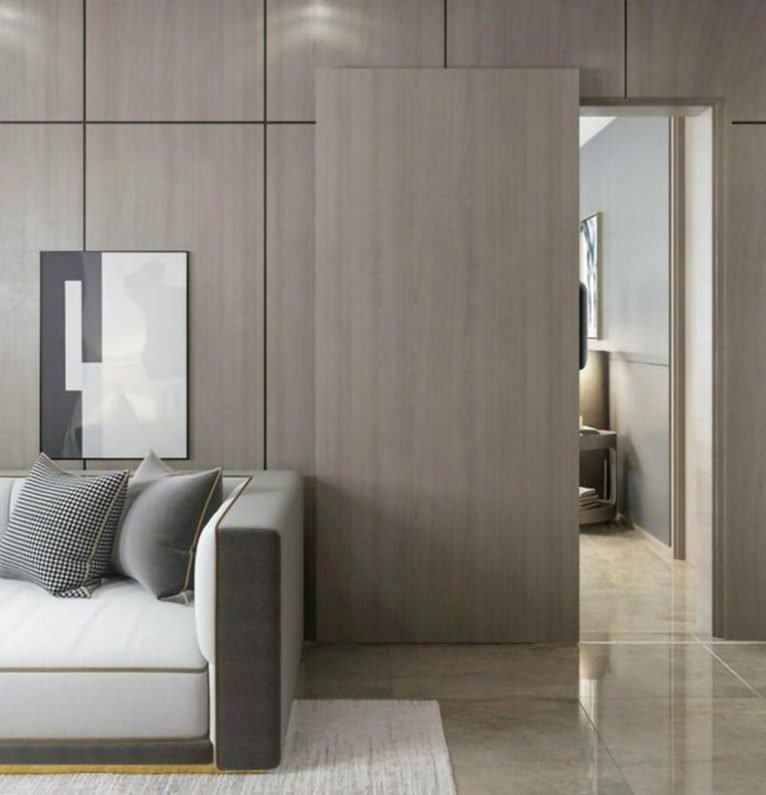 Modern minimalist light wood seamless sliding door blending with wall