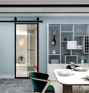 Modern oriental black grid glass MDF sliding door in a dining space