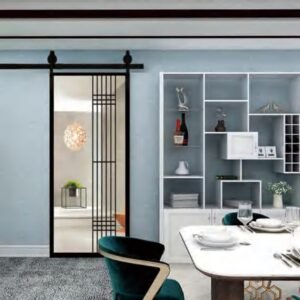 Modern oriental black grid glass MDF sliding door in a dining space