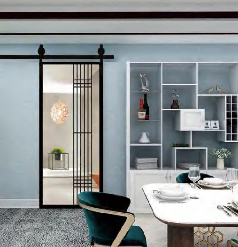 Modern oriental black grid glass MDF sliding door in a dining space