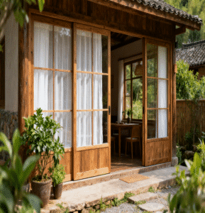 Rustic zen solid wood lattice glass sliding door connecting indoor and garden spaces
