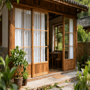 Rustic zen solid wood lattice glass sliding door connecting indoor and garden spaces