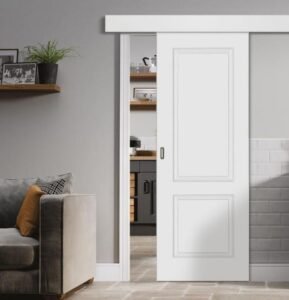 Casual cottage white paneled uPVC sliding door in a living space