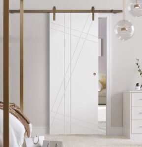 Contemporary artistic white sliding barn door with geometric lines