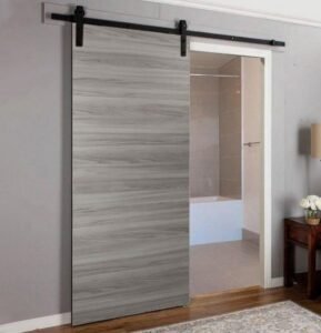 Rustic modern light gray wood-textured MDF sliding barn door