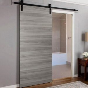 Rustic modern light gray wood-textured MDF sliding barn door