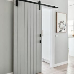 Farmhouse chic light gray slatted PVC sliding barn door