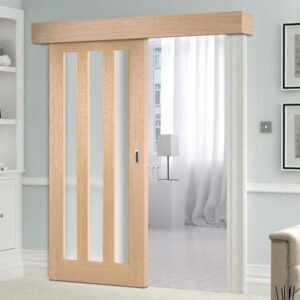 Classic elegant light wood sliding door with frosted glass panels