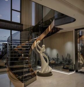 Black Glass Rose Gold Spiral Staircase