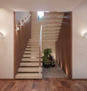 Wood Slat Greenery Straight Staircase