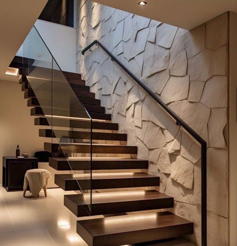 Enhance your space with this dark wood glass led straight staircase, offering warmth and inviting charm to contemporary living areas.