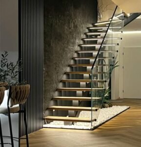 Wood Glass Pebble Lit Straight Staircase