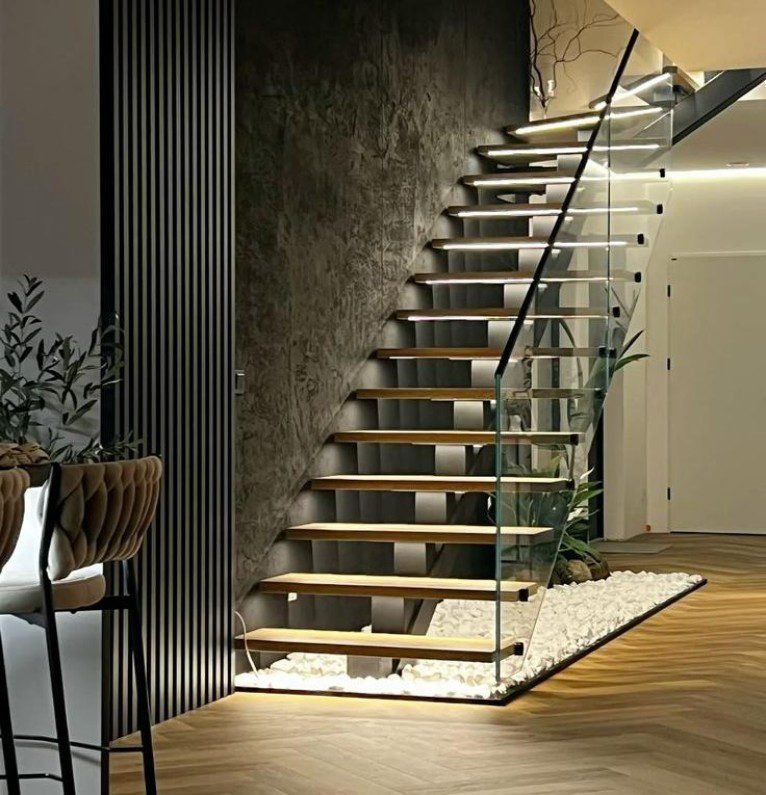 Wood Glass Pebble Lit Straight Staircase