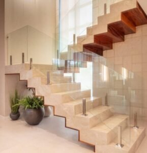 Stone Wood Edge Glass Straight Staircase