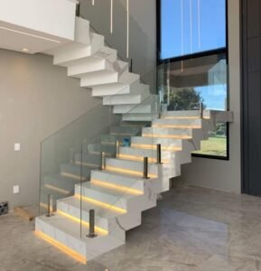 White Marble LED Glass Straight Staircase