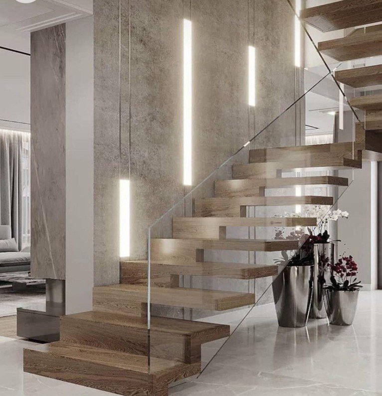 Wood Glass Linear Lit Straight Staircase
